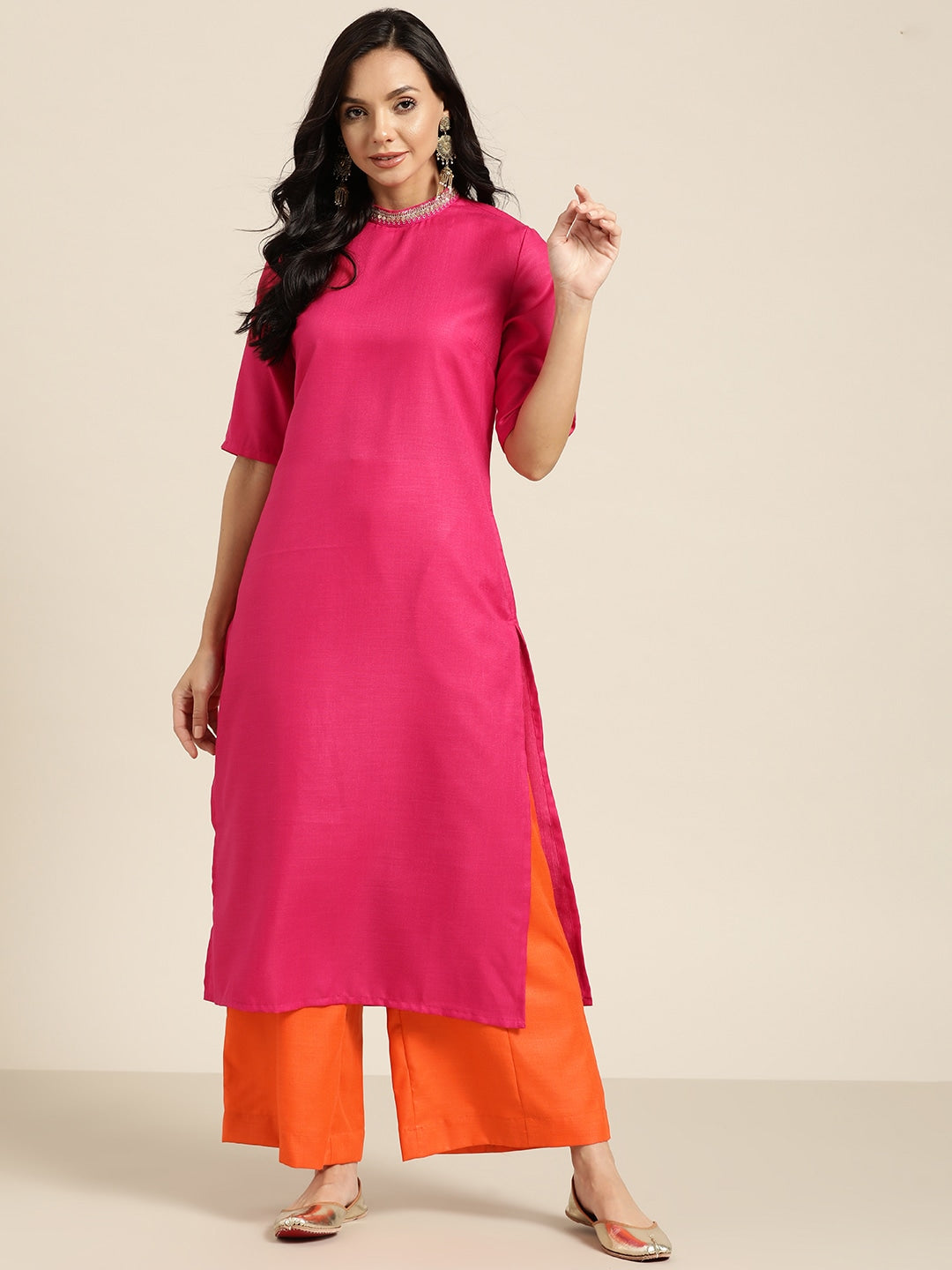 Sangria Women Pink & Orange Solid Thread Work Kurta with Palazzos - Distacart