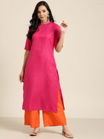 Thumbnail for Sangria Women Pink & Orange Solid Thread Work Kurta with Palazzos - Distacart