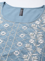Thumbnail for HERE&NOW Women Blue & White Ethnic Embroidered Kurta with Trousers & With Dupatta - Distacart