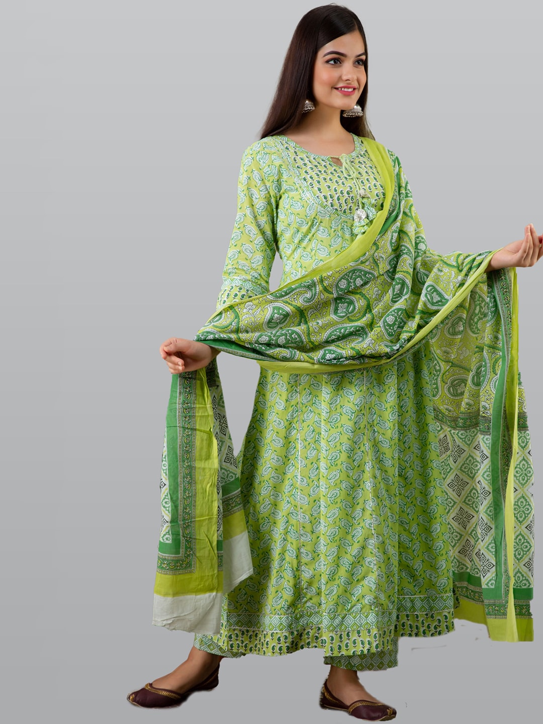 Kalini Women Green Paisley Printed Panelled Pure Cotton Kurta with Churidar & With Dupatta - Distacart