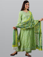 Thumbnail for Kalini Women Green Paisley Printed Panelled Pure Cotton Kurta with Churidar & With Dupatta - Distacart