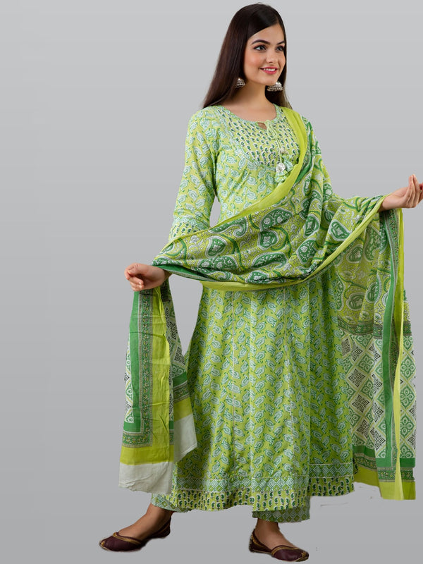 Kalini Women Green Paisley Printed Panelled Pure Cotton Kurta with Churidar & With Dupatta - Distacart