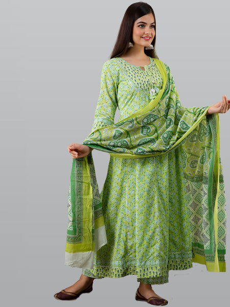 Kalini Women Green Paisley Printed Panelled Pure Cotton Kurta with Churidar & With Dupatta - Distacart