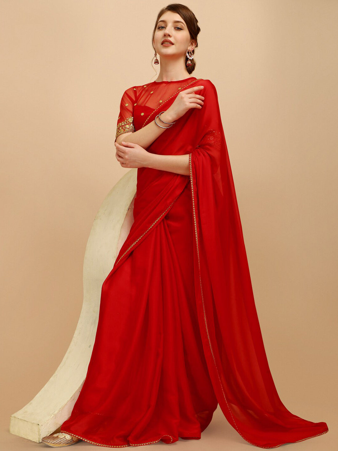 Sangria Red Silk Blend Embroidered Saree - Distacart