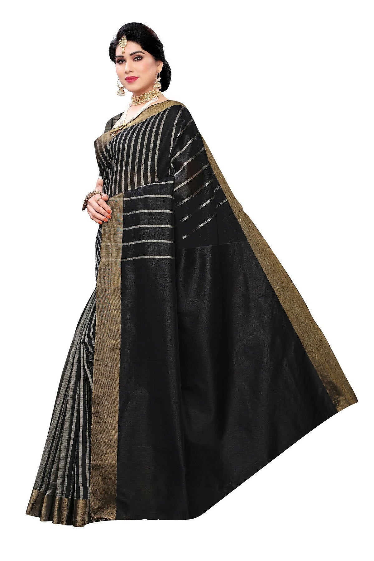 Vamika Black and White Lines Cotton Silk Weaving Saree (Paithani Black) - Distacart