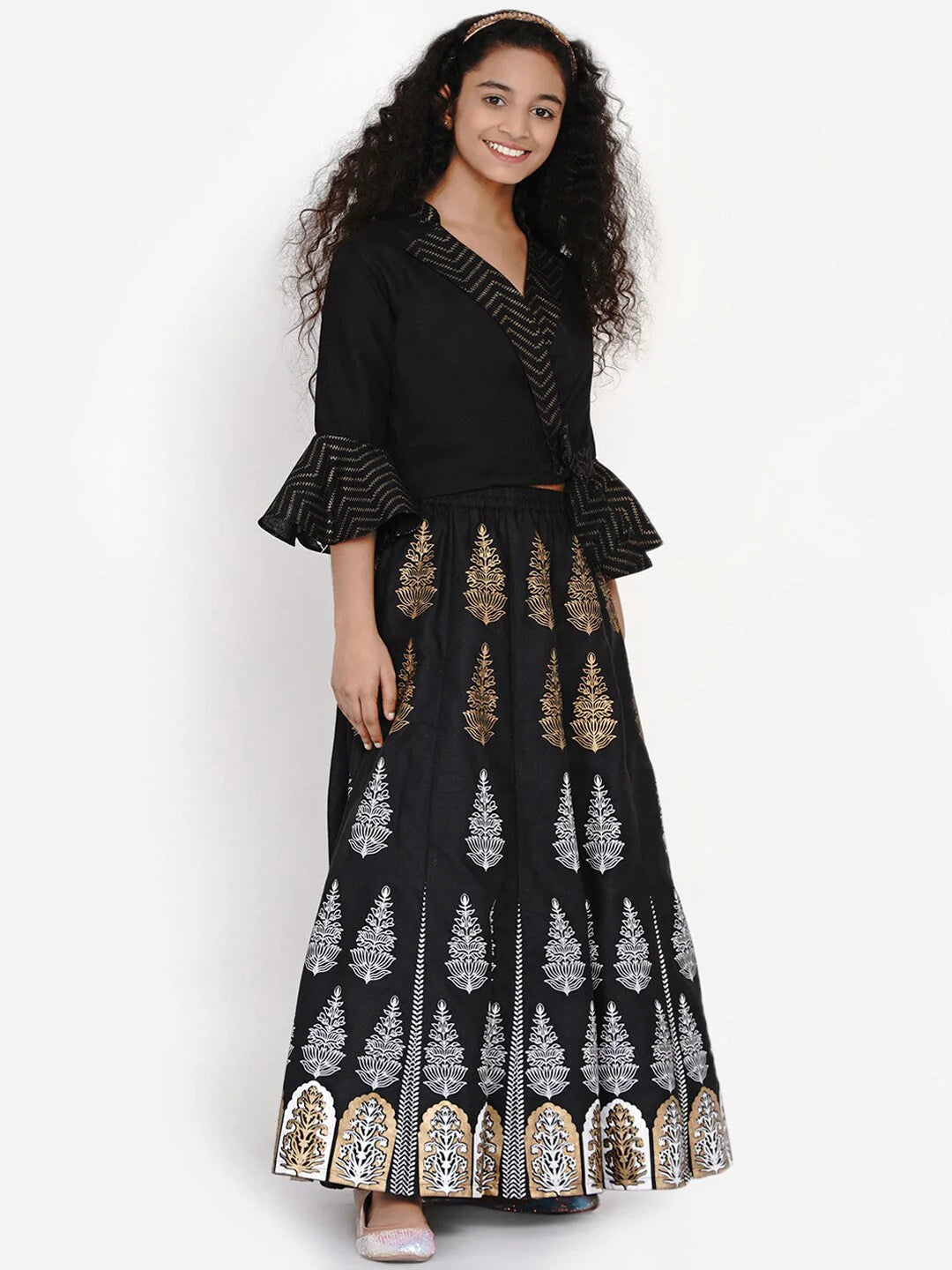 NOZ2TOZ Black & Gold-Toned Block Printed Ready to Wear Lehenga & Choli Set For Girls - Distacart