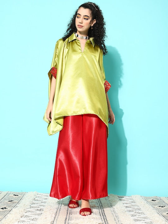 InWeave Women's Olive Red Brocade Satin Boho Kurta Red Palazzo Set - Distacart