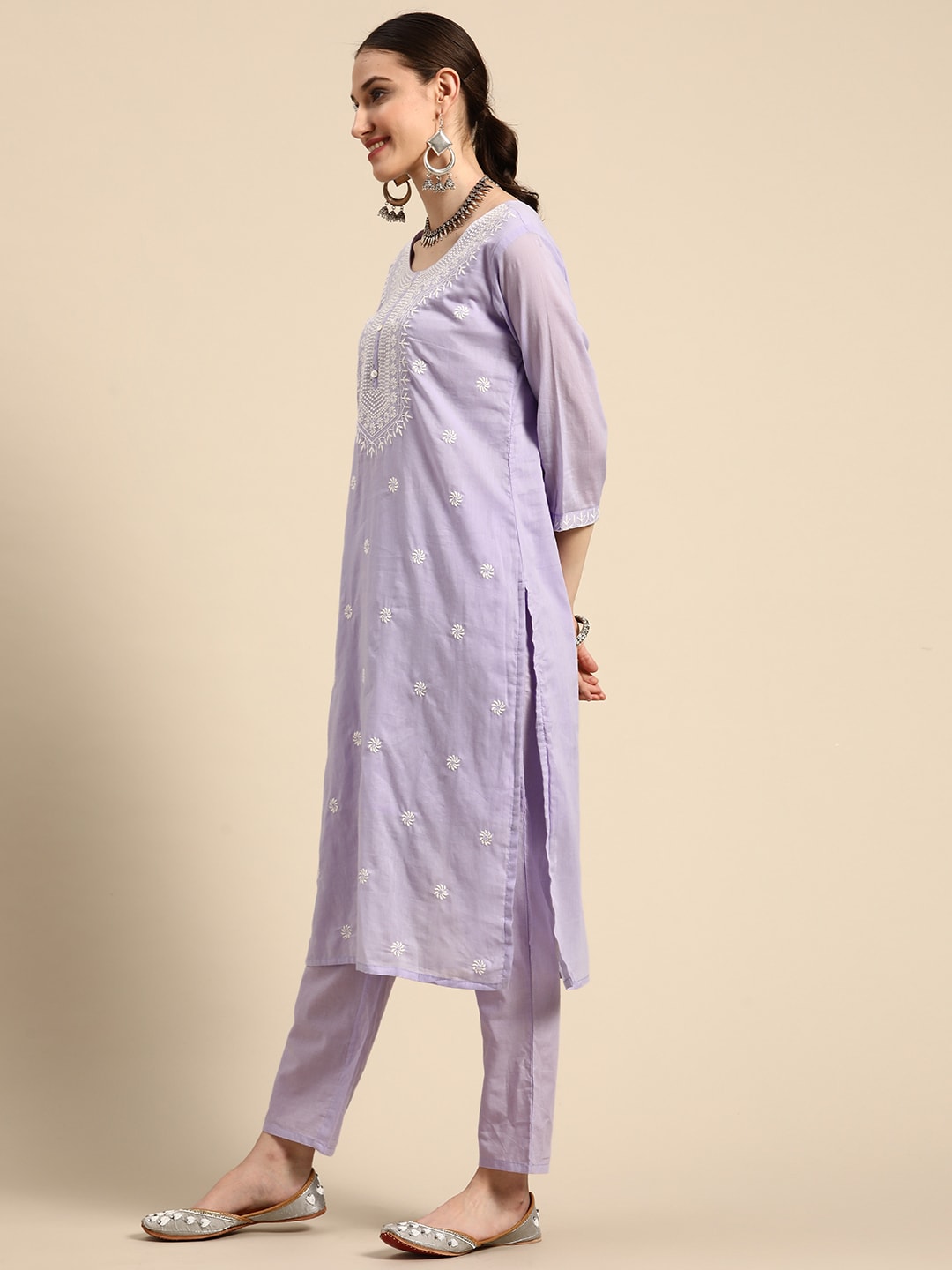 Sangria Women Floral Embroidered Pure Cotton Kurta with Trousers & With Dupatta - Distacart