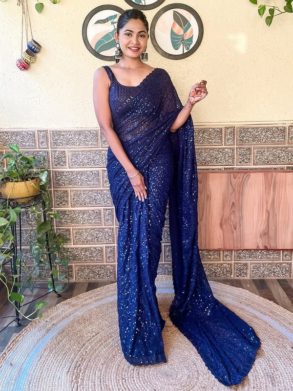 Mitera Blue Embellished Sequinned Pure Georgette Saree - Distacart