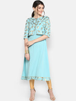 Thumbnail for Janasya Turquoise Blue & Gold-Toned Printed A-Line Kurta - Distacart