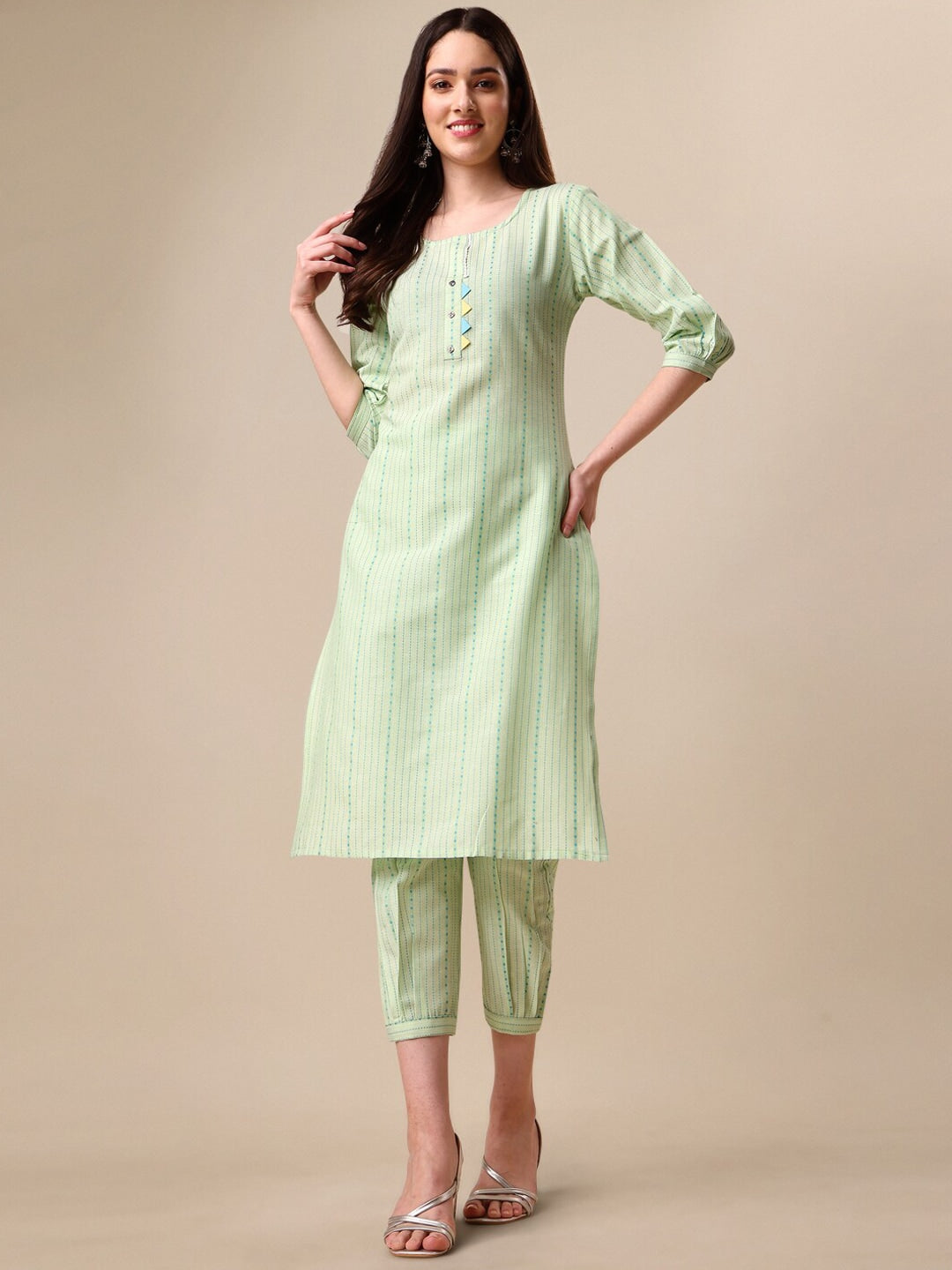Kalini Striped Puff Sleeves Kurta with Trousers - Distacart