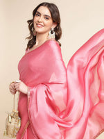 Thumbnail for Mitera Pink Embellished Border Satin Chiffon Saree - Distacart