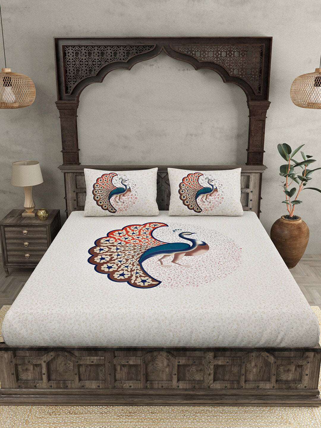 JAIPUR FABRIC Off White & Red Printed 240 TC Cotton King Bedsheet with 2 Pillow Covers - Distacart