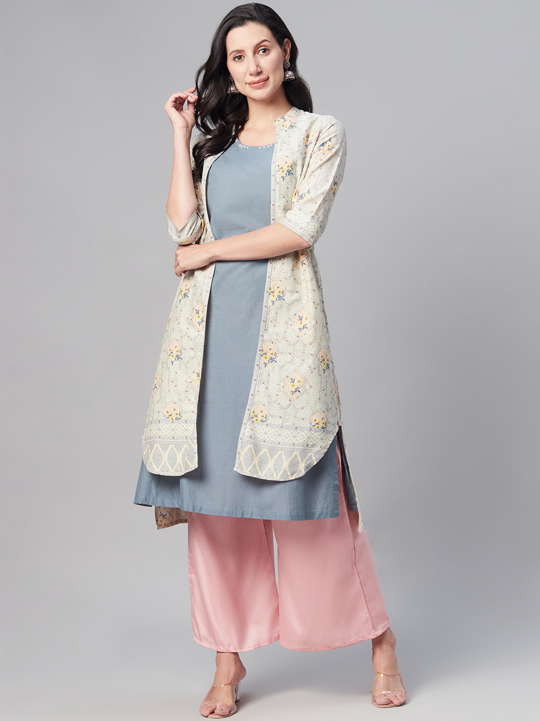 Biba Women Blue & Yellow Solid Kurta with Ethnic Jacket - Distacart