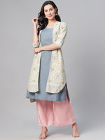 Thumbnail for Biba Women Blue & Yellow Solid Kurta with Ethnic Jacket - Distacart