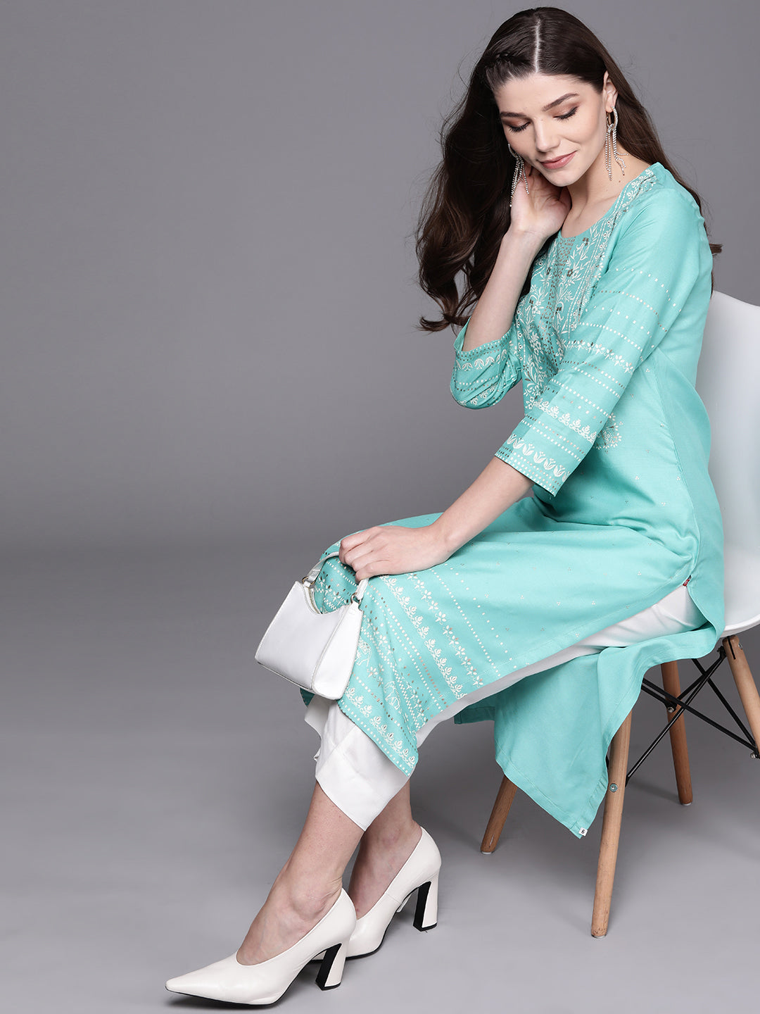 Biba Women Blue & White Printed Kurta with Crop Palazzos - Distacart