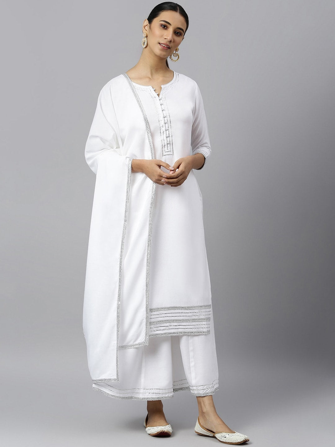 Khushal K Women White Yoke Design Kurta with Trousers & With Dupatta - Distacart