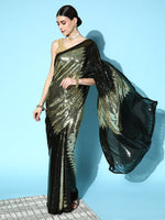 Thumbnail for Mitera Black & Golden Embellished Sequinned Saree - Distacart