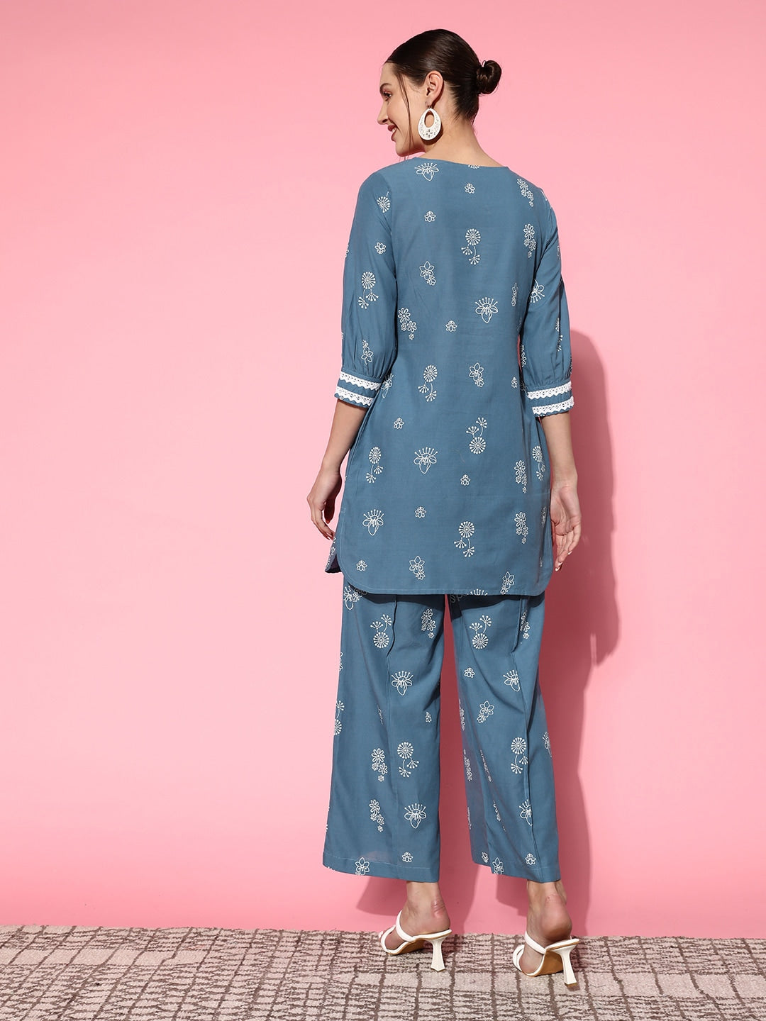 Sangria Women Blue Ethnic Motifs Printed Empire Pure Cotton Kurta with Palazzos - Distacart