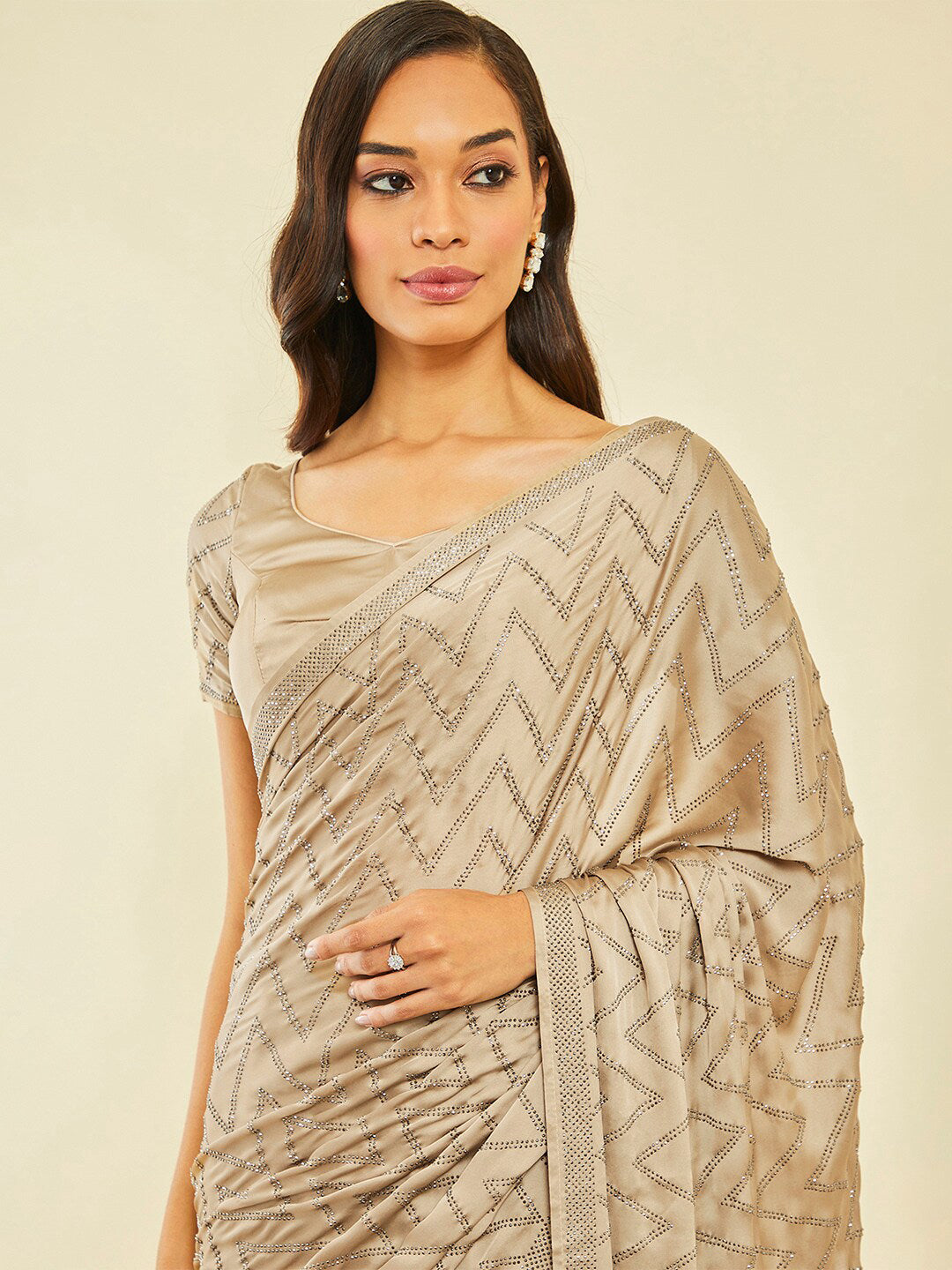 Soch Beige Embellished Beads and Stones Saree - Distacart