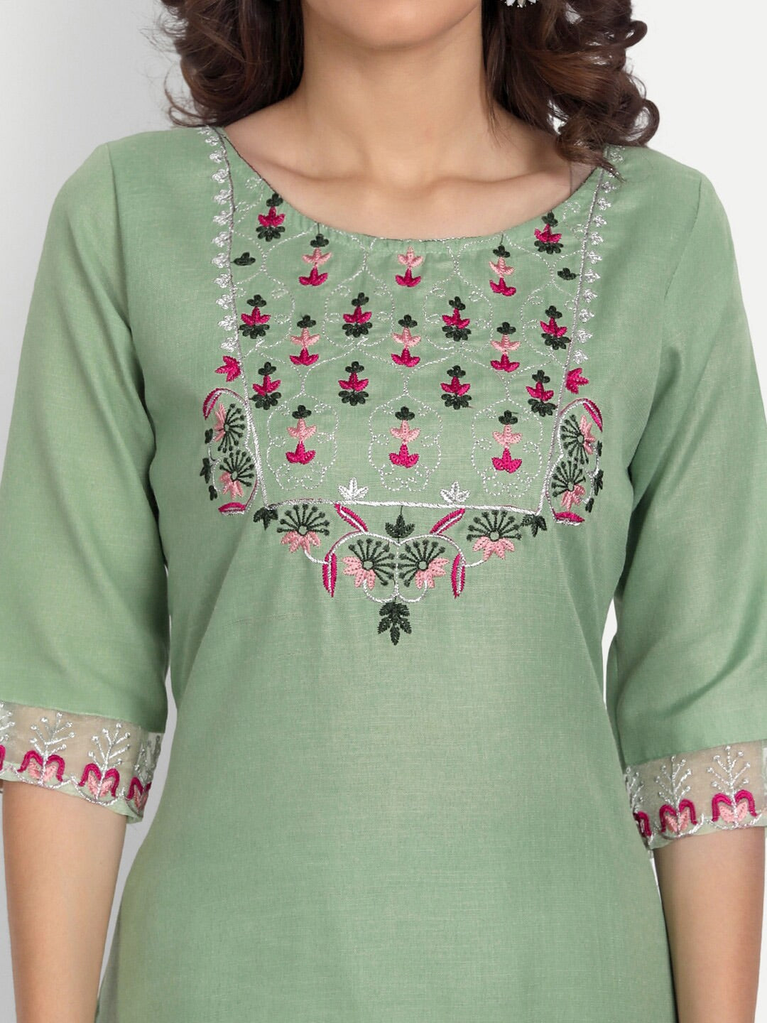 Kalini Floral Yoke Design Regular Thread Work Kurta with Trousers & With Dupatta - Distacart