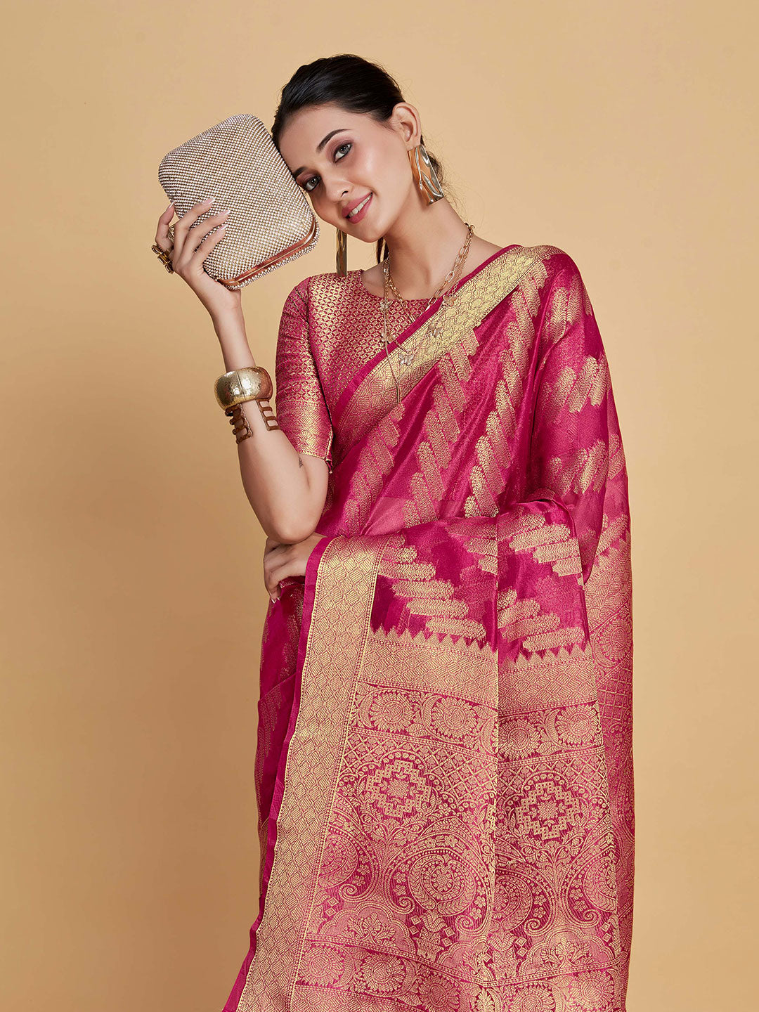 Sangria Ethnic Motifs Woven Design Organza Saree - Distacart