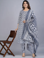 Thumbnail for Kalini Women Grey Floral Printed Beads and Stones Pure Cotton Kurta with Trousers & With Dupatta - Distacart