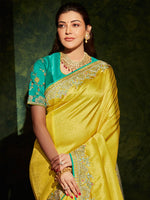 Thumbnail for Mitera Yellow & Blue Woven Design Beads and Stones Saree - Distacart