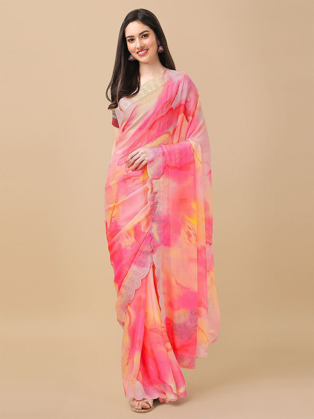 Mitera Rose & Yellow Tie and Dye Beads and Stones Saree - Distacart