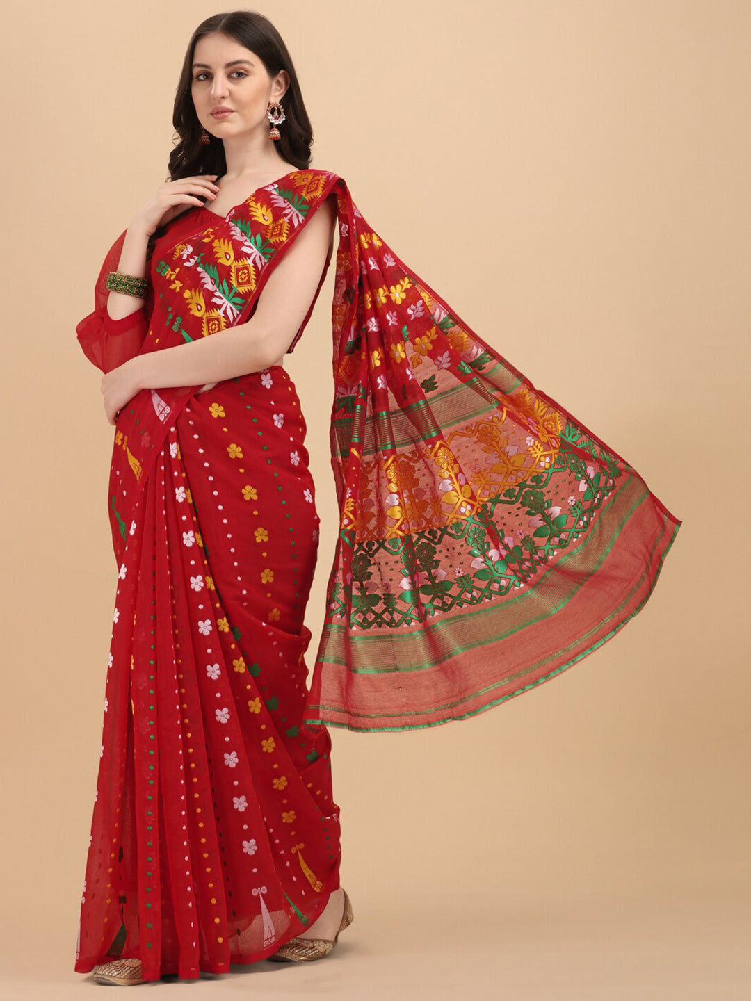 Kalini Red & Green Ethnic Motifs Silk Cotton Fusion Jamdani Saree - Distacart