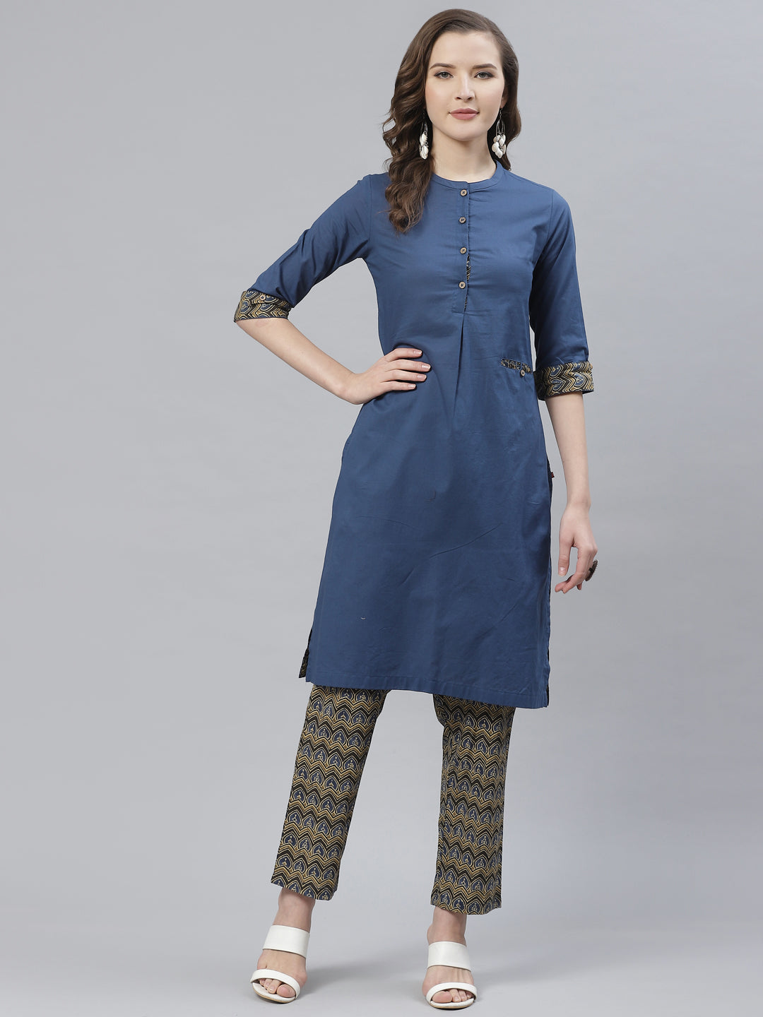 Biba Women Navy Blue & Olive Green Solid Kurta with Trousers - Distacart
