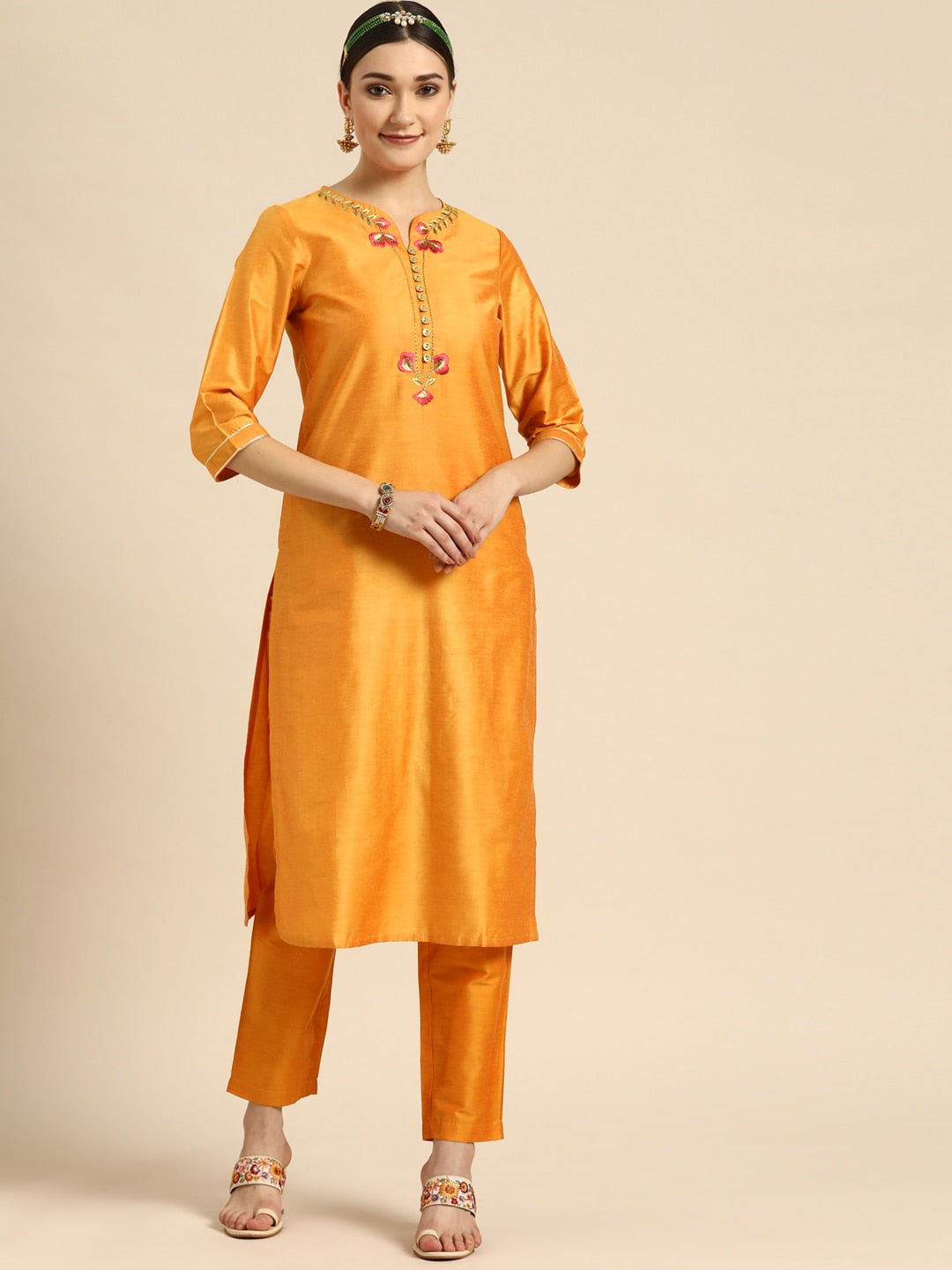 Sangria Women Orange Ethnic Motifs Embroidered Kurta with Trousers - Distacart