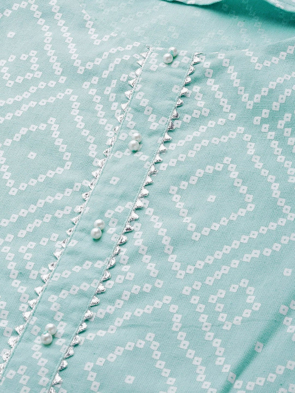 HERE&NOW Women Green & White Bandhani Print Straight Kurta - Distacart