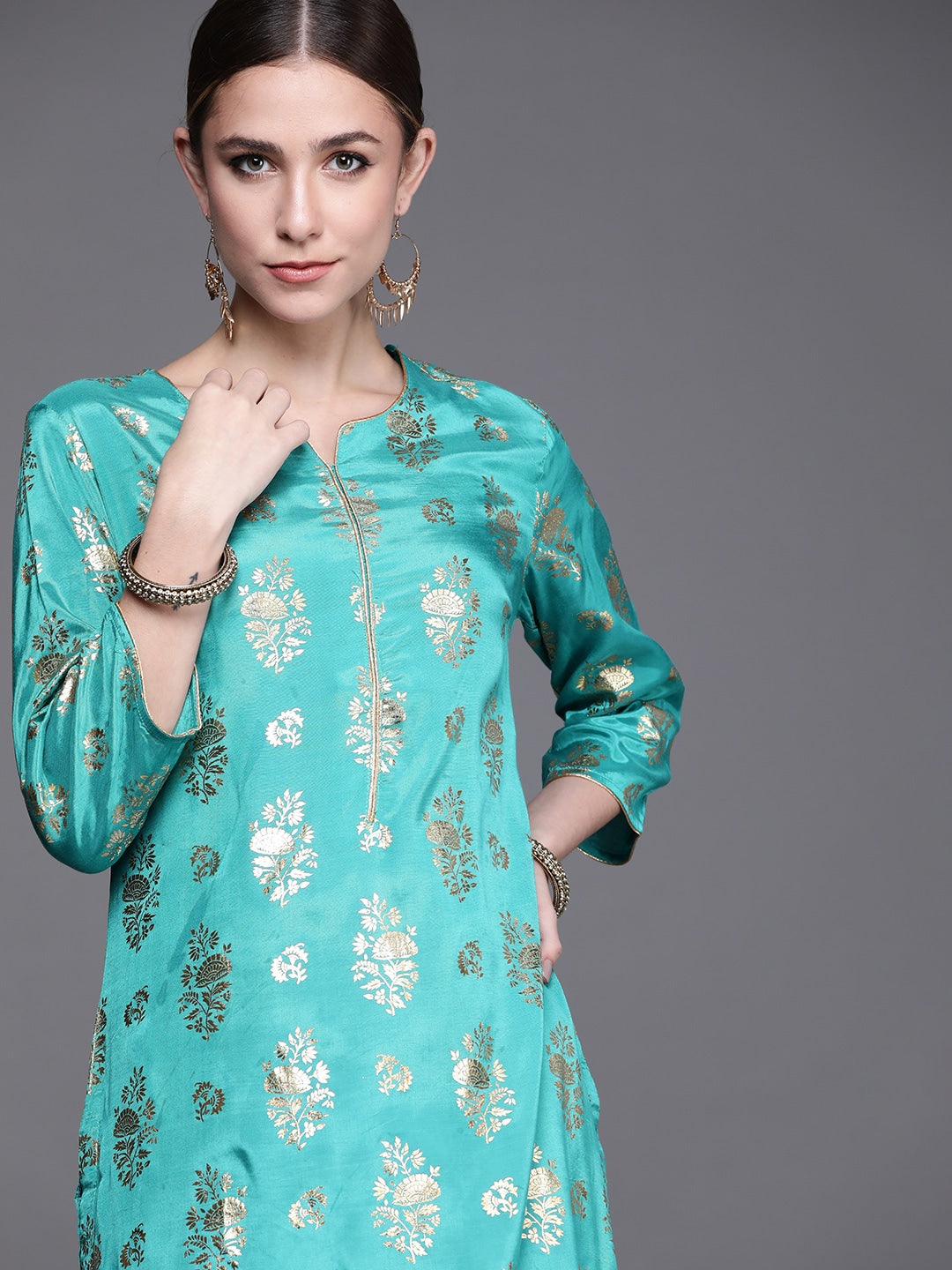 Biba Women Turquoise Blue Ethnic Motifs Foil Printed Keyhole Neck Kurta - Distacart