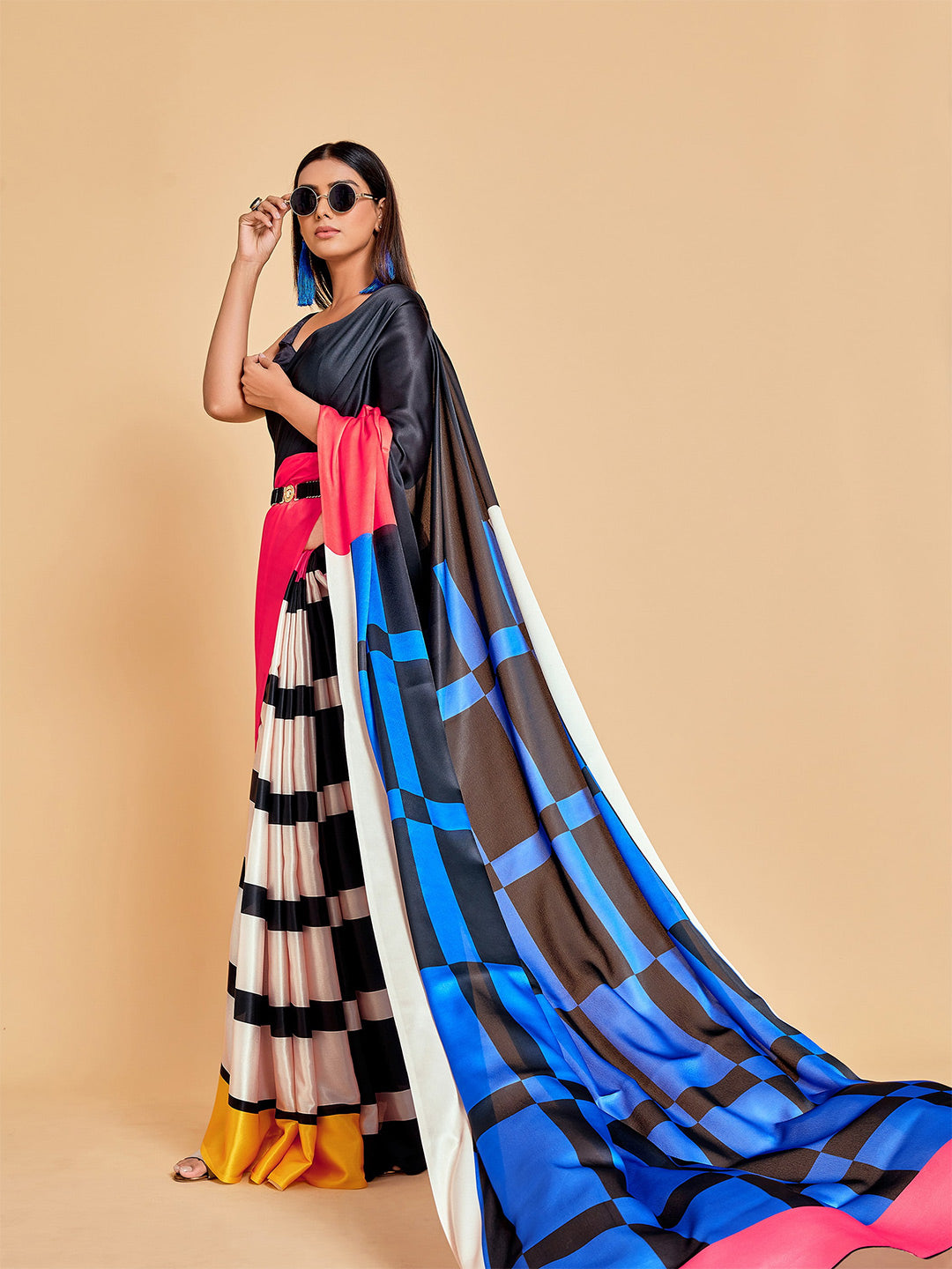 Sangria Blue & Black Striped Satin Ready to Wear Saree - Distacart
