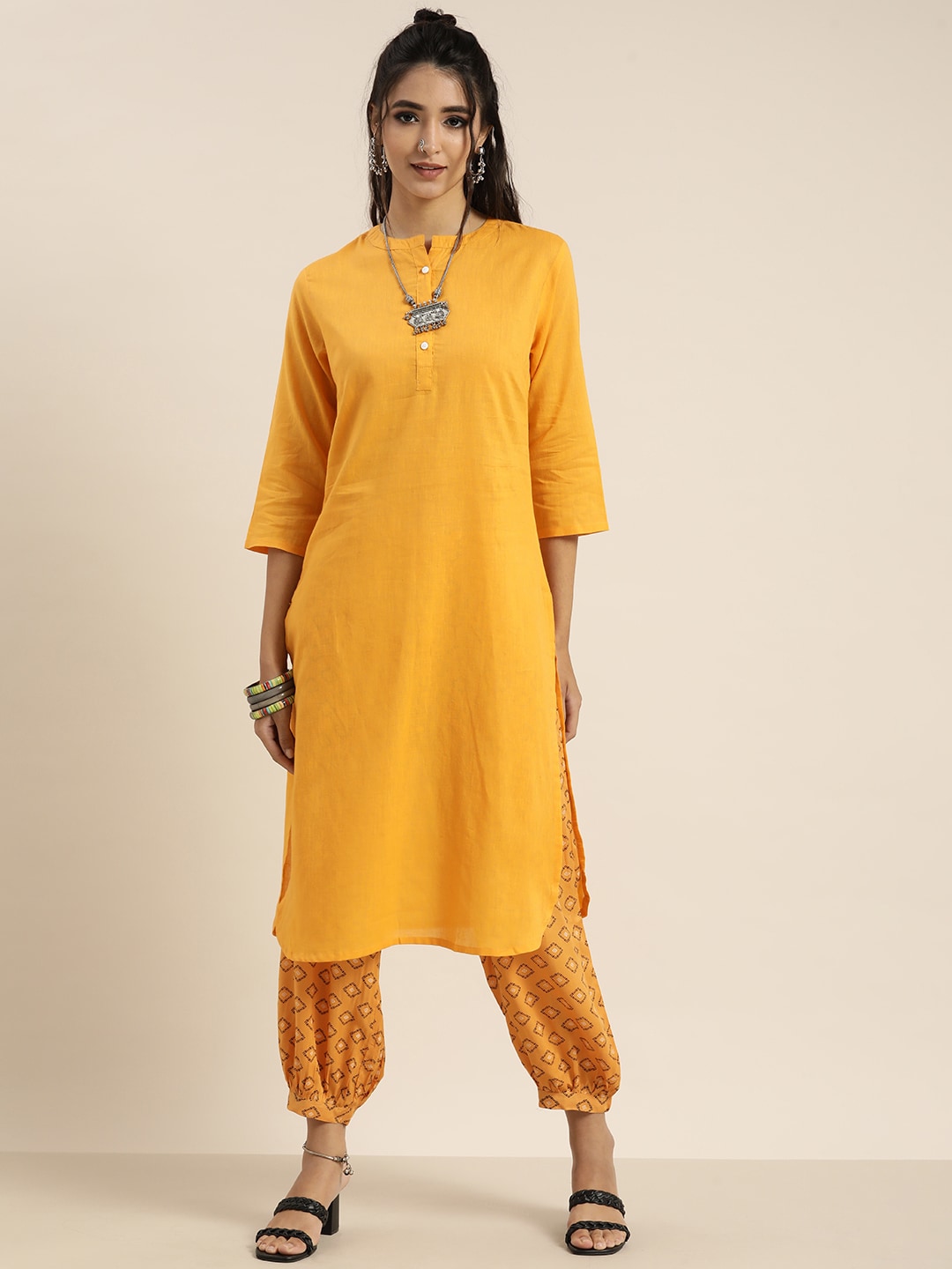 Sangria Women Yellow & Black Pure Cotton Kurta with Salwar - Distacart