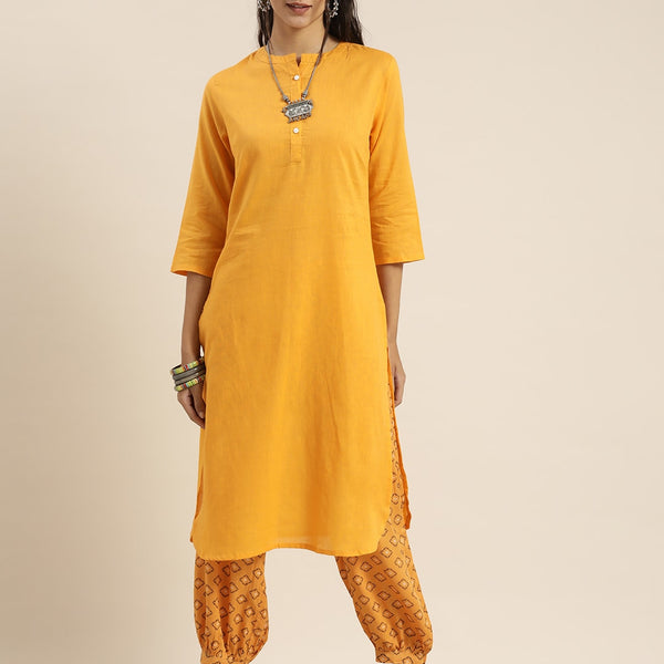Sangria Women Yellow & Black Pure Cotton Kurta with Salwar - Distacart