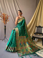 Thumbnail for Mitera Green & Gold-Toned Ethnic Woven Design Zari Paithani Silk Saree - Distacart