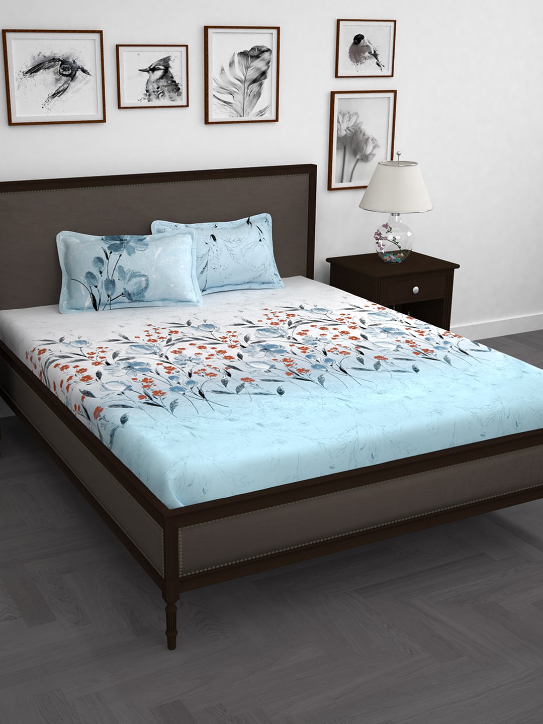 Story@home White & Blue Floral 210 TC Cotton 1 King Bedsheet with 2 Pillow Covers - Distacart