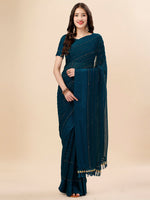 Thumbnail for Mitera Teal & Black Striped Beads & Stone Work Pure Chiffon Saree - Distacart
