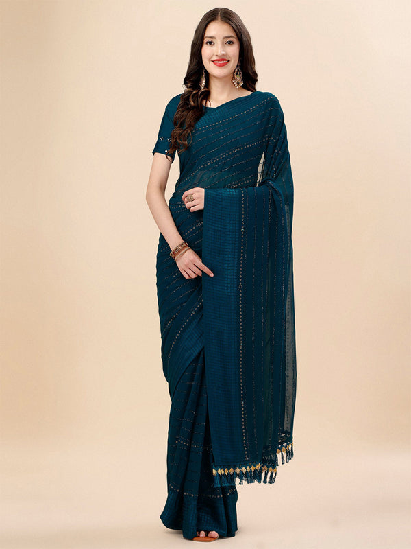 Mitera Teal & Black Striped Beads & Stone Work Pure Chiffon Saree - Distacart
