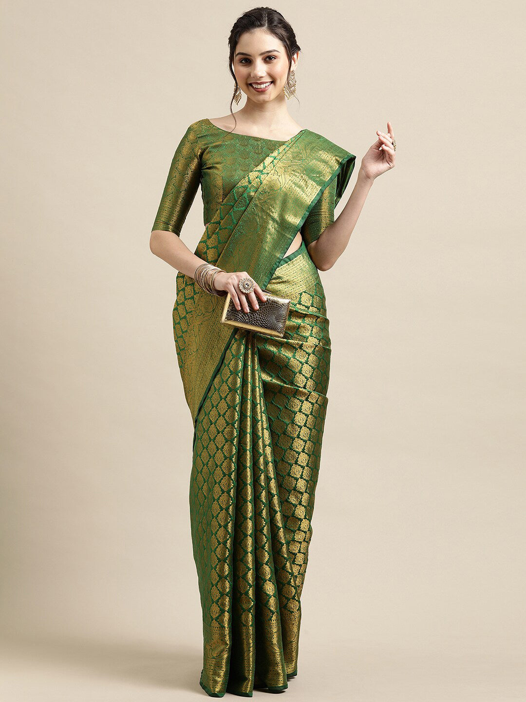 Saree Mall Green & Gold-Toned Woven Design Zari Silk Blend Banarasi Saree - Distacart
