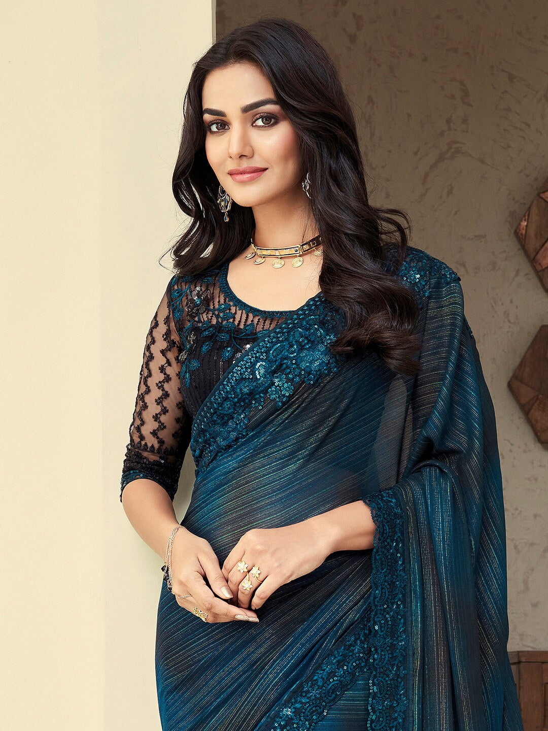 Mitera Teal Striped Embroidered Pure Georgette Saree - Distacart