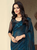 Thumbnail for Mitera Teal Striped Embroidered Pure Georgette Saree - Distacart
