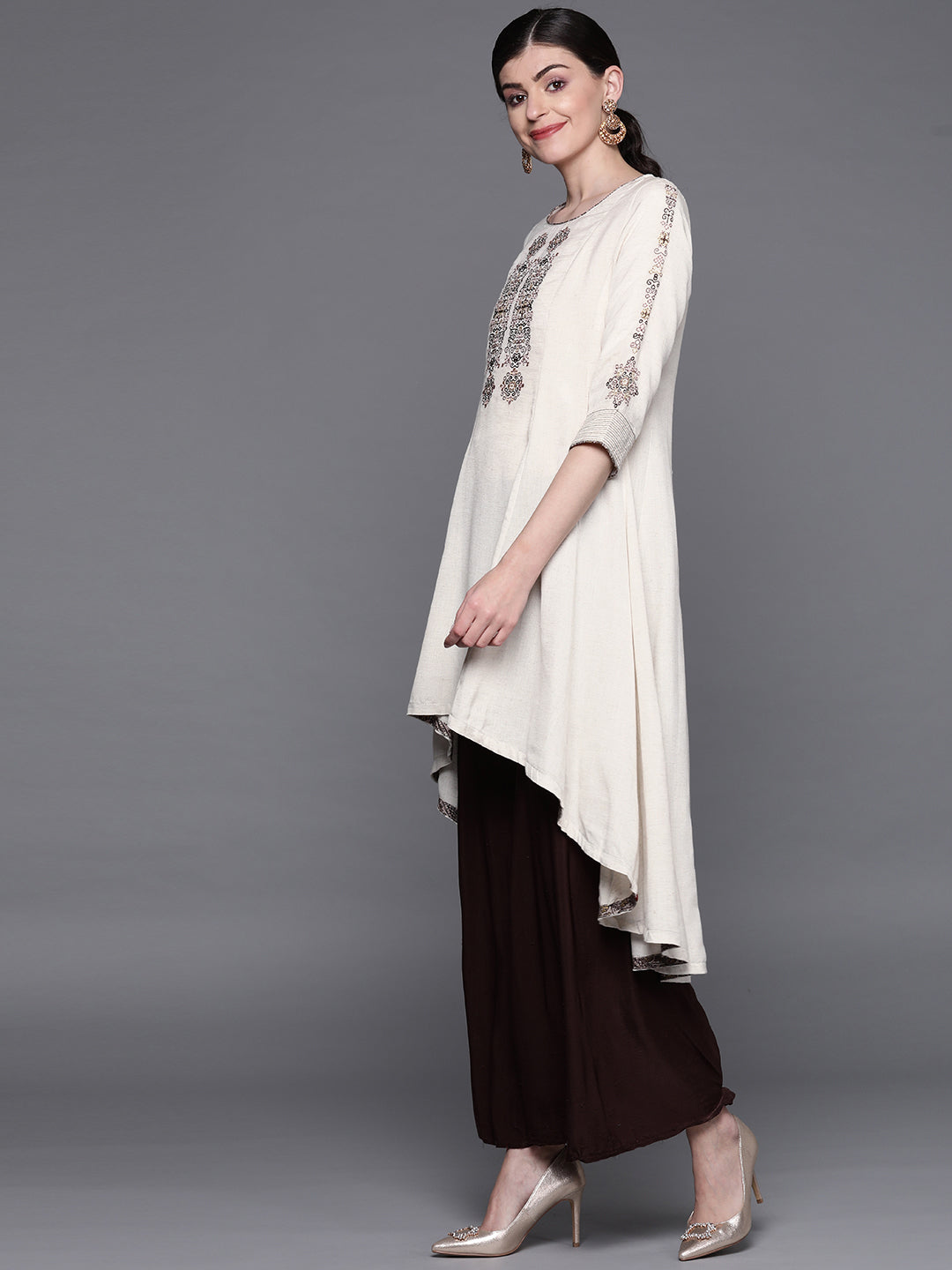 Biba Women Off-White Embroidered Yoke Design A-Line Kurta - Distacart