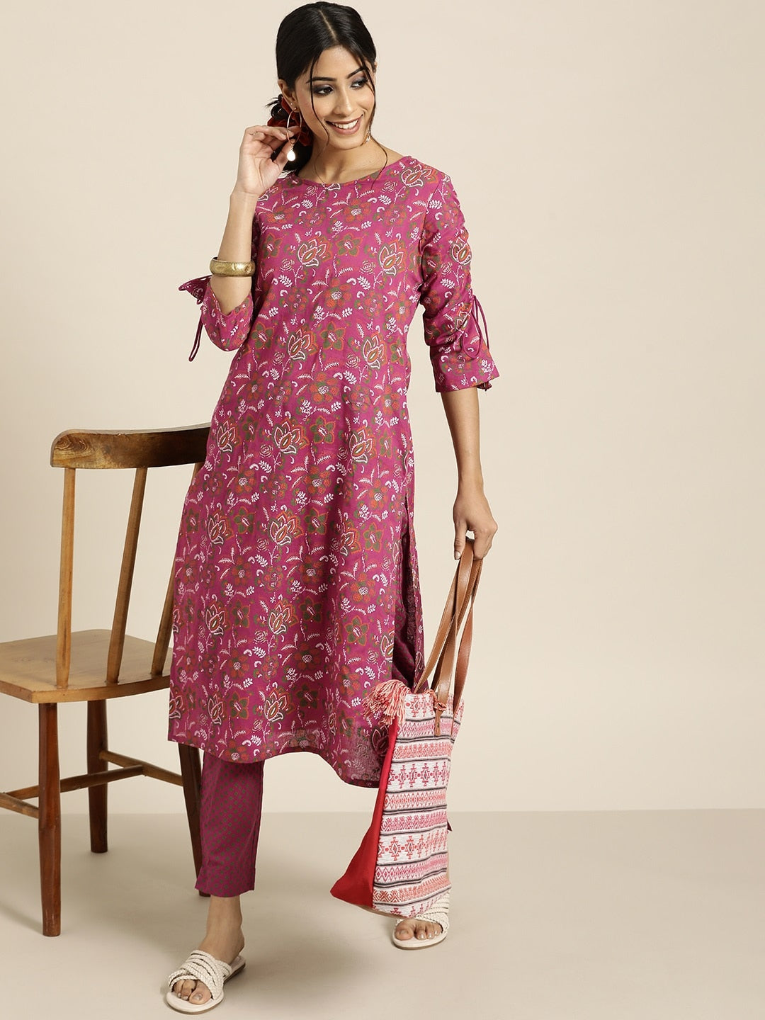 Sangria Women Purple Ethnic Motifs Printed Pure Cotton Kurta with Trousers - Distacart