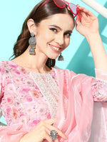 Thumbnail for Sangria Floral Printed Regular Thread Work Linen Kurta with Trousers & With Dupatta - Distacart