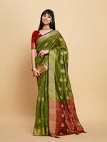 Thumbnail for Sangria Green Ethnic Motifs Woven Design Zari Organza Saree - Distacart