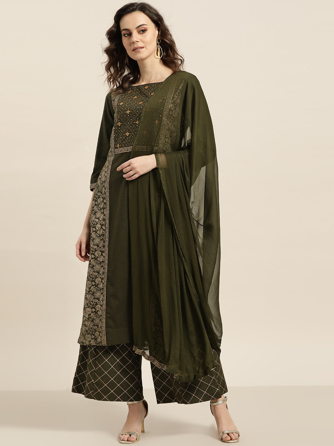Sangria Women Olive Green & Golden Printed Kurta with Palazzos & Dupatta - Distacart
