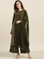 Thumbnail for Sangria Women Olive Green & Golden Printed Kurta with Palazzos & Dupatta - Distacart